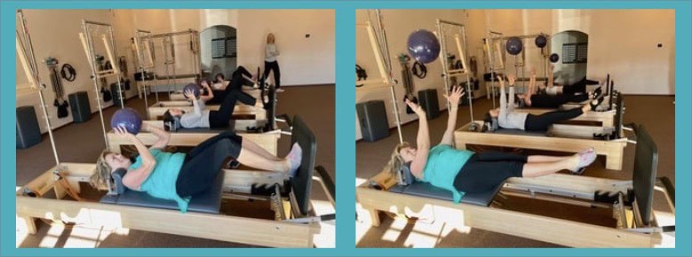 Two photos show women exercising on Pilates reformers at Mary Jane's Pilates. They are lying on their backs, holding and extending a ball above their heads in both images. An instructor stands in the background, providing guidance. This Business Spotlight highlights the dedicated training at Mary Jane's Pilates.