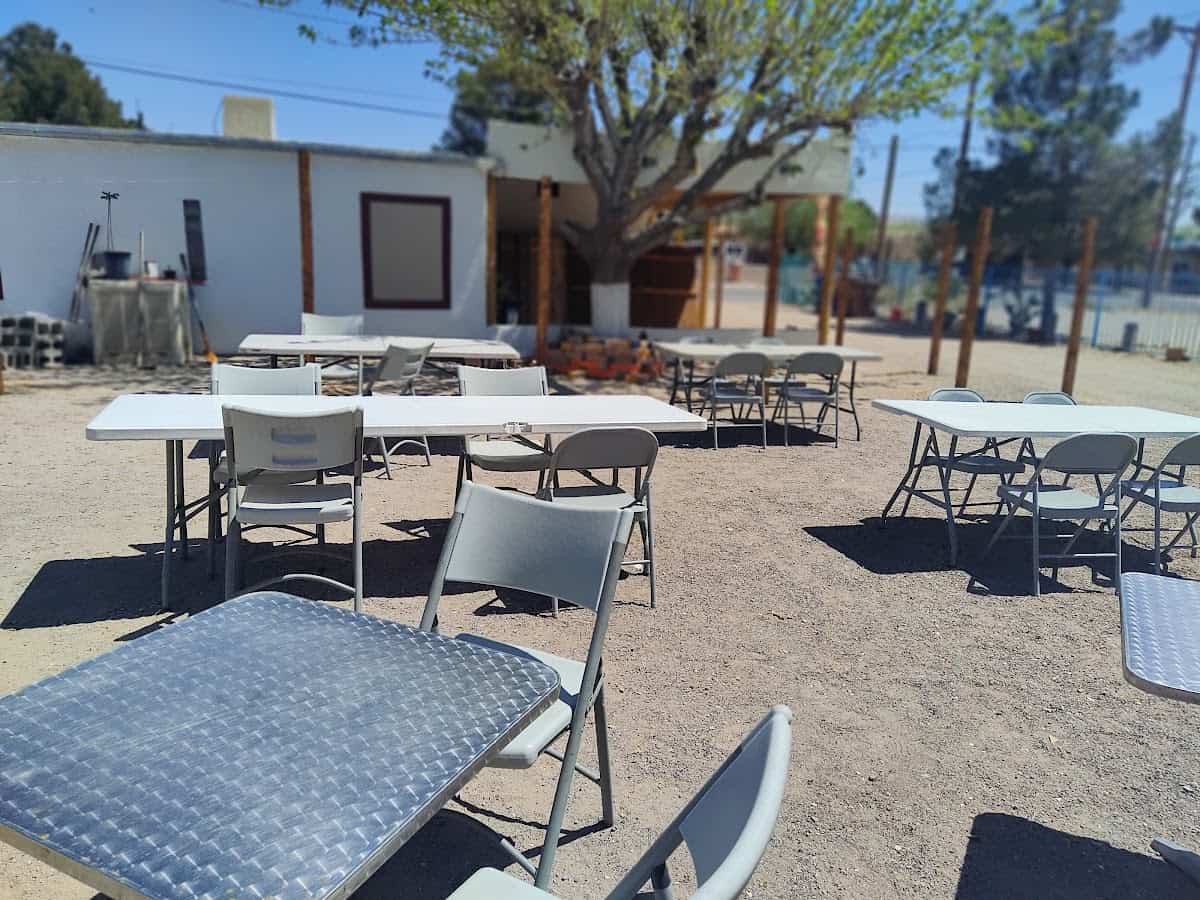 Lalo's outdoor area features foldable chairs and tables on a sandy surface, all shaded by a tree, offering the perfect spot to enjoy their signature Sonora Style Dogs.